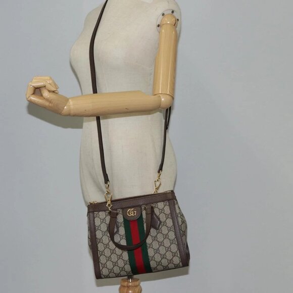GUCCI GG Supreme Web Sherry Line Bag PVC 2way Beige Gold - Picture 14 of 16